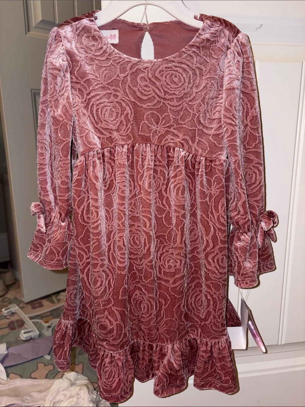 Bonnie Baby Dusty Rose Velvet Rose-Pattern Dress